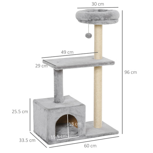 96cm Cat Tree for Indoor Cats Condo Sisal Scratching Post Cat Tower Kitten Play House Dangling Ball Activity Center Furniture Grey