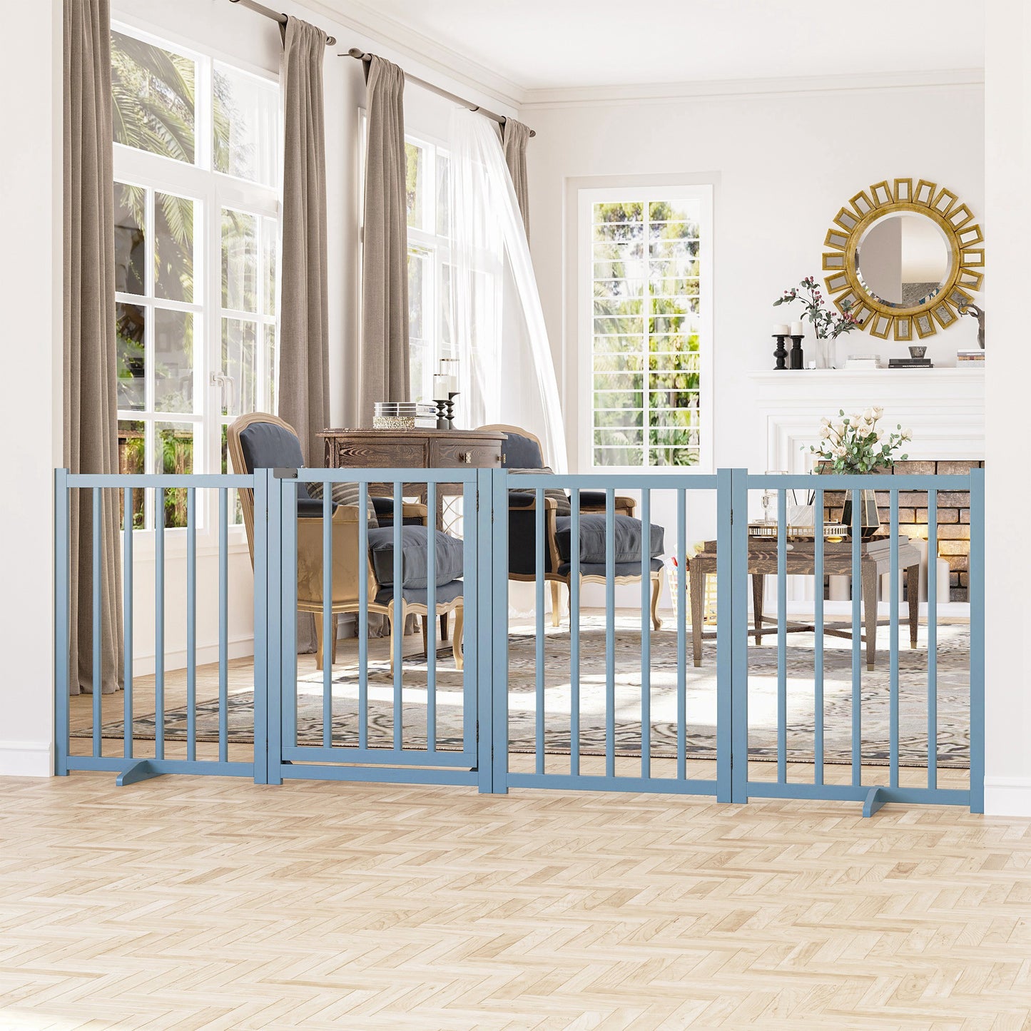 Freestanding Pet Gate for Small and Medium Dogs, Wooden Foldable Dog Safety Barrier with 4 Panels, 2 Support Feet, 80 cm Tall for Doorways, Stairs Blue-grey