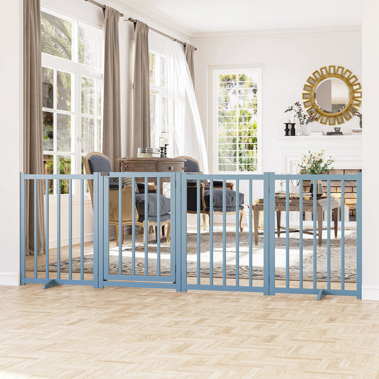 Freestanding Pet Gate for Small and Medium Dogs, Wooden Foldable Dog Safety Barrier with 4 Panels, 2 Support Feet, 80 cm Tall for Doorways, Stairs Blue-grey
