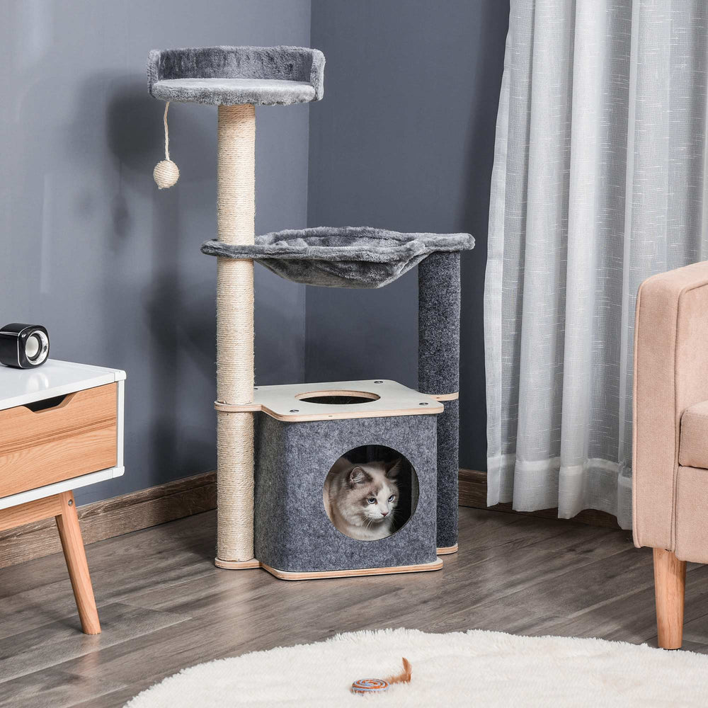 Cat Tree Cat Tower 95cm Climbing Kitten Activity Center with Sisal Scratching Post Perch Roomy Condo Hammock, Grey