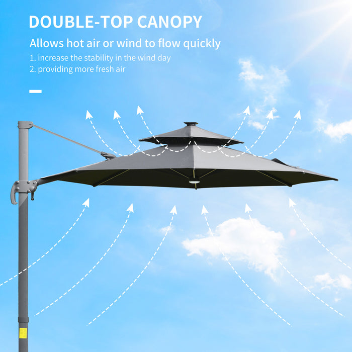 3m Cantilever Parasol w/ Solar Lights Power Bank Cross Base Adjustable Canopy 360° Spin Outdoor Garden Umbrella 2-Tier Roof Sun Shade Grey