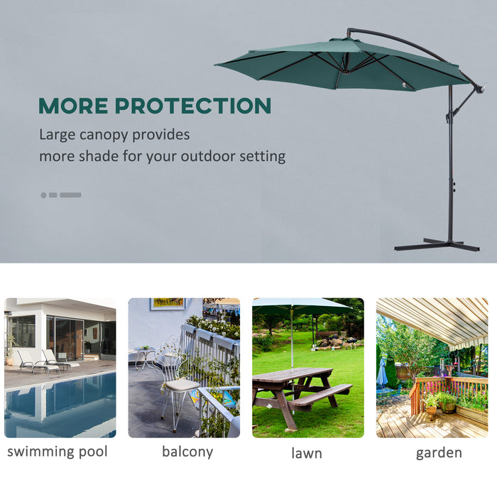 3(m) Banana Parasol Hanging Cantilever Umbrella with Crank Handle, 8 Ribs and Cross Base for Outdoor, Sun Shade, Dark Green