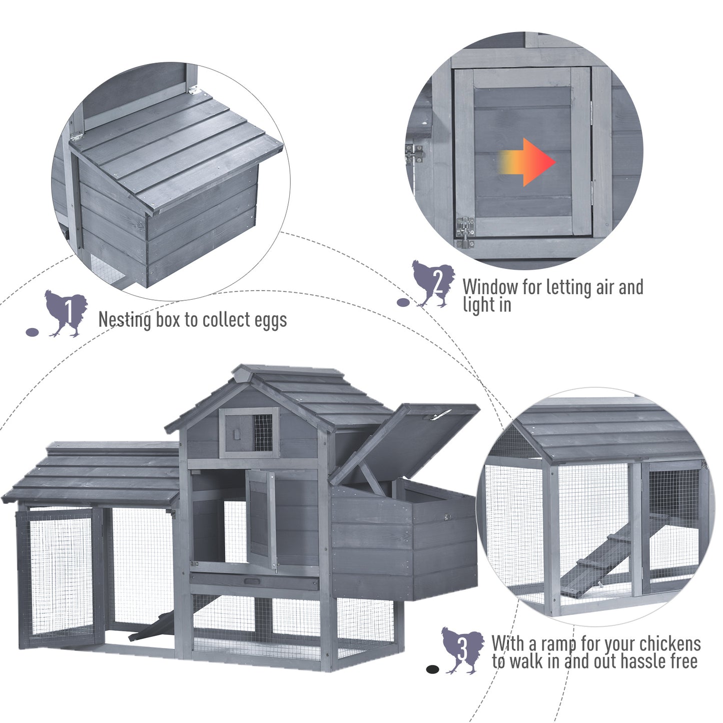 Small Chicken Coop with Run Hen House Poultry Coops Cages Nesting Box Grey 150.5 x 54 x 87cm