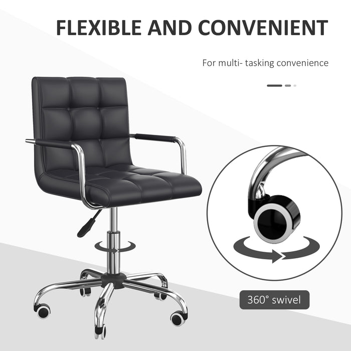 Black PU Leather Swivel Office Chair: Adjustable Height, Rolling Wheels, Armrests, Mid Back Comfort