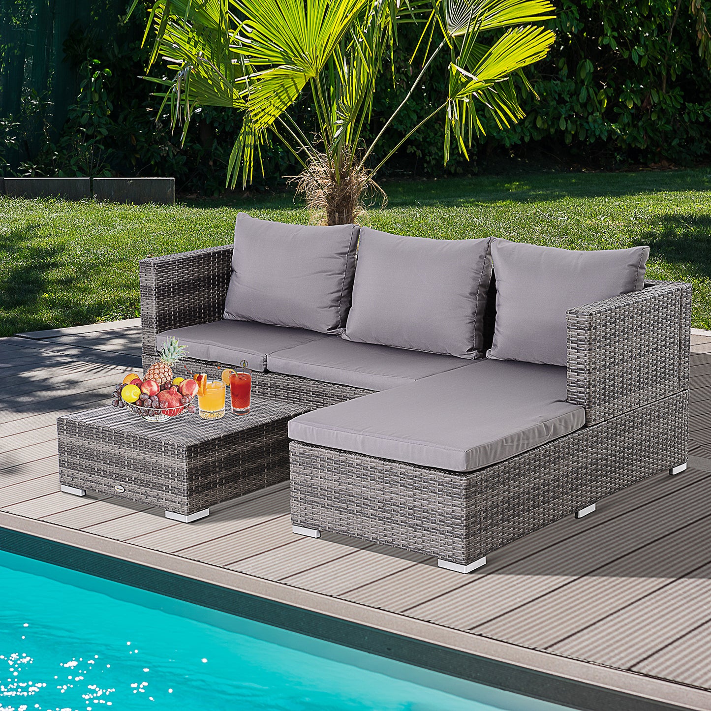 3PC Rattan Garden Furniture Storage Set 4 Seater Wicker Coffee Table Conservatory Sun Lounger Reclining Set Outdoor Weave with Cushion Grey