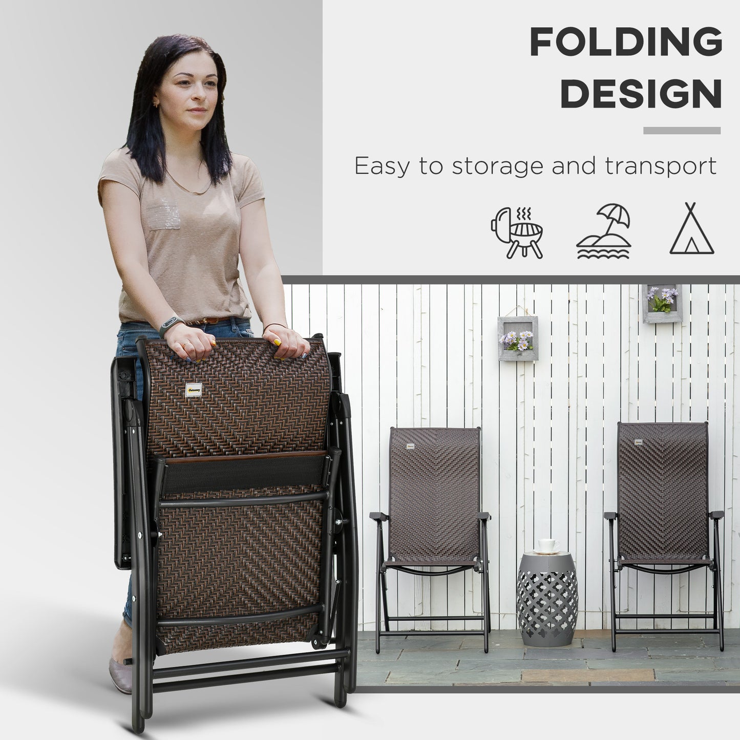 Outsunny Set of 2 Outdoor Wicker Folding Chairs, Patio PE Rattan Dining Armrests Chair set with 7 Levels Adjustable Backrest, for Outdoors, Camping, Red Brown