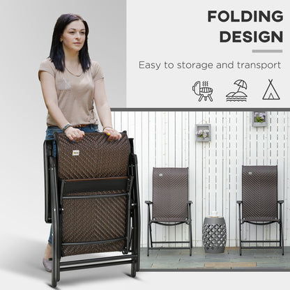 Outsunny Set of 2 Outdoor Wicker Folding Chairs, Patio PE Rattan Dining Armrests Chair set with 7 Levels Adjustable Backrest, for Outdoors, Camping, Red Brown