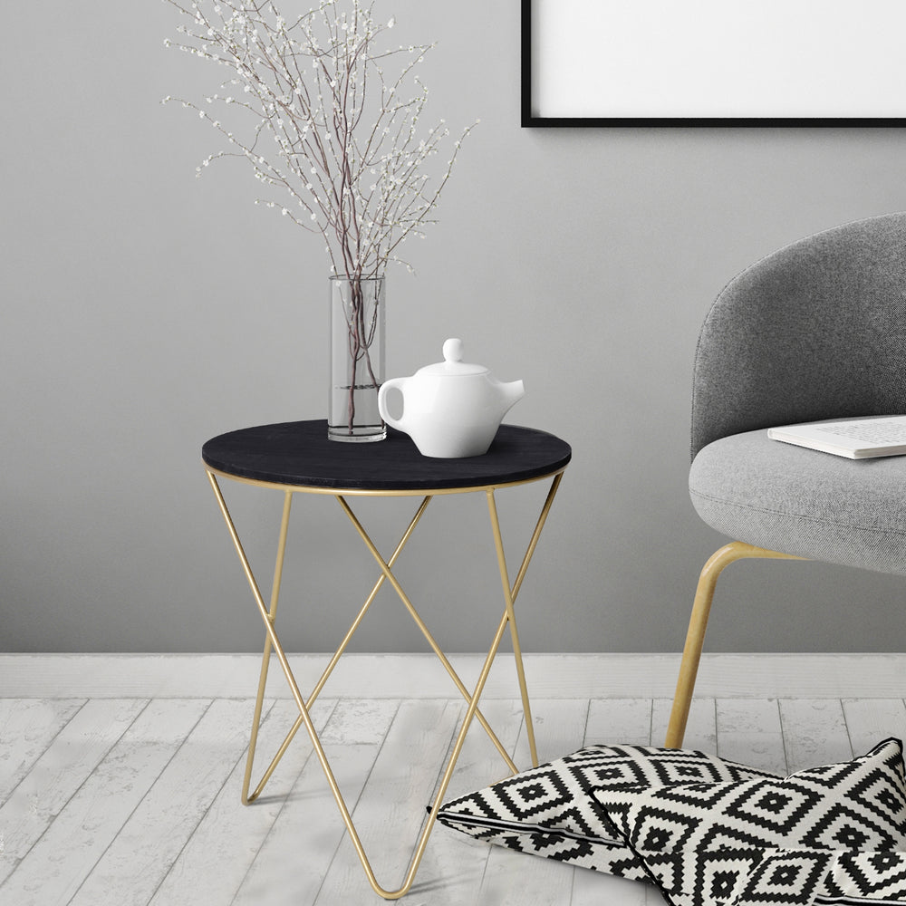 Wooden Metal Round Coffee Table Sofa End Side Bedside Table Modern Style Living Room Decor  - Black Gold Color (Φ43cm)