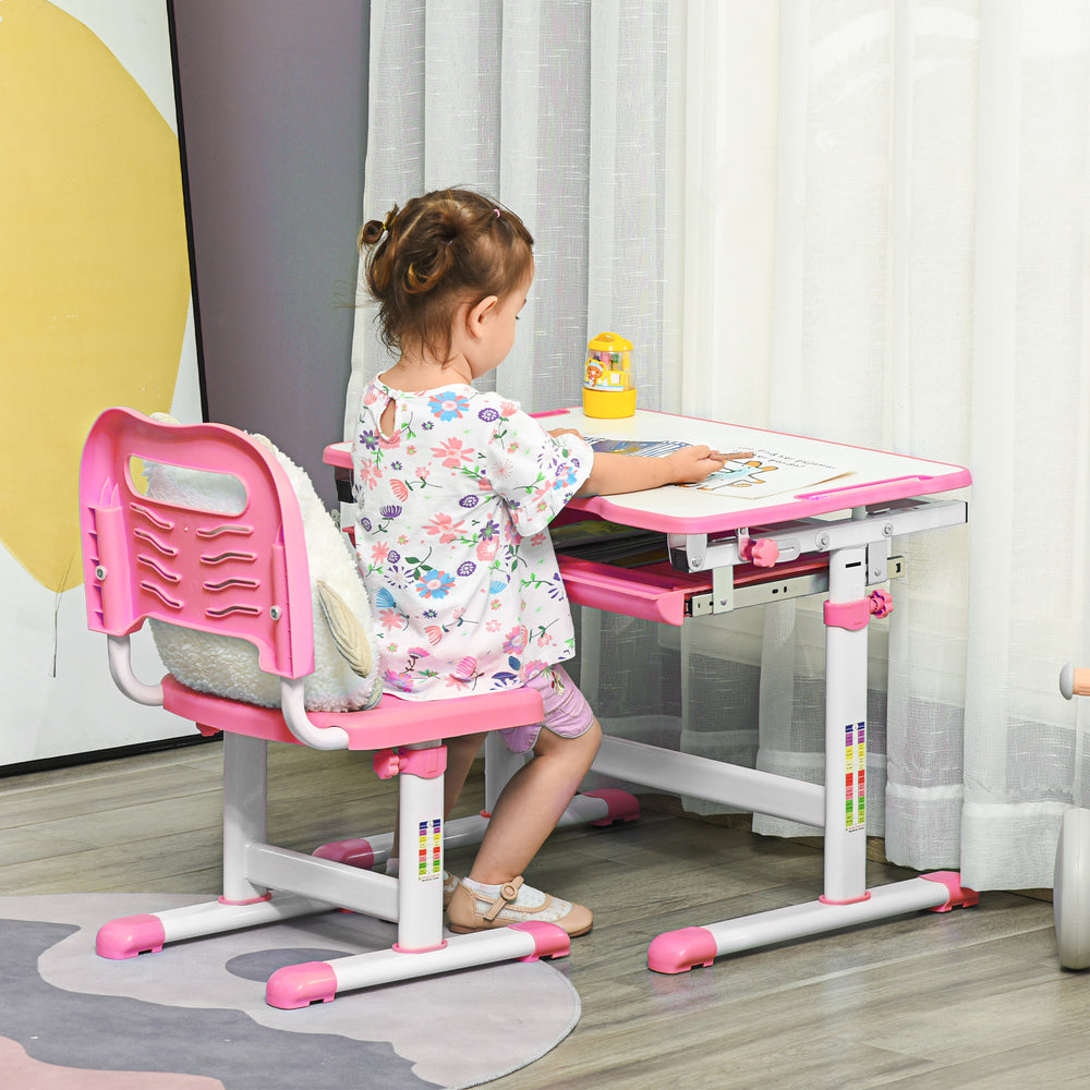 HOMCOM Kids Desk and Chair Set, Height Adjustable Student Writing Desk, Children School Study Table with Tiltable Desktop, Drawer, Pen Slot, Hook - Pink