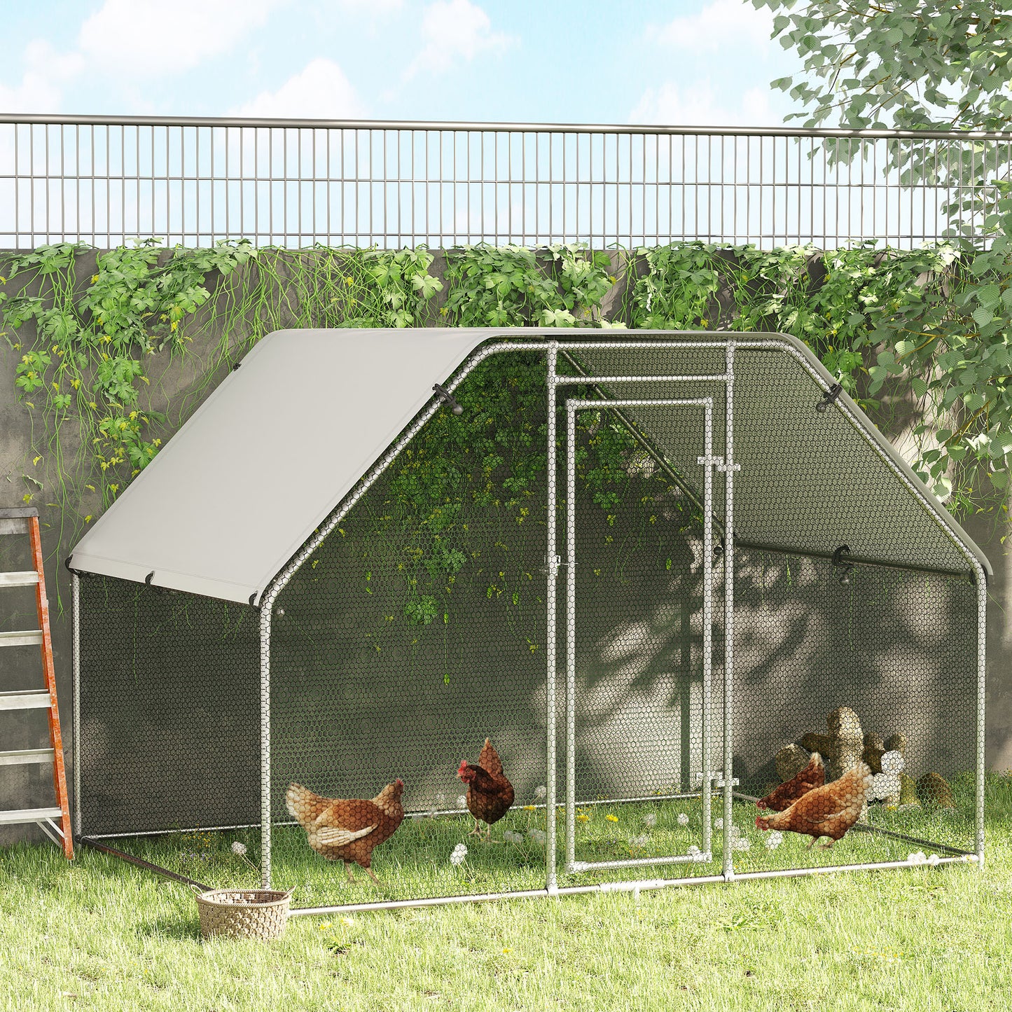 Walk In Chicken Run Galvanized Coop Hen House for 6-8 Chicken Poultry Cages Rabbit Hutch Outdoor Pet Playpen with Water-Resist Cover, 280W x 190D x 195H cm