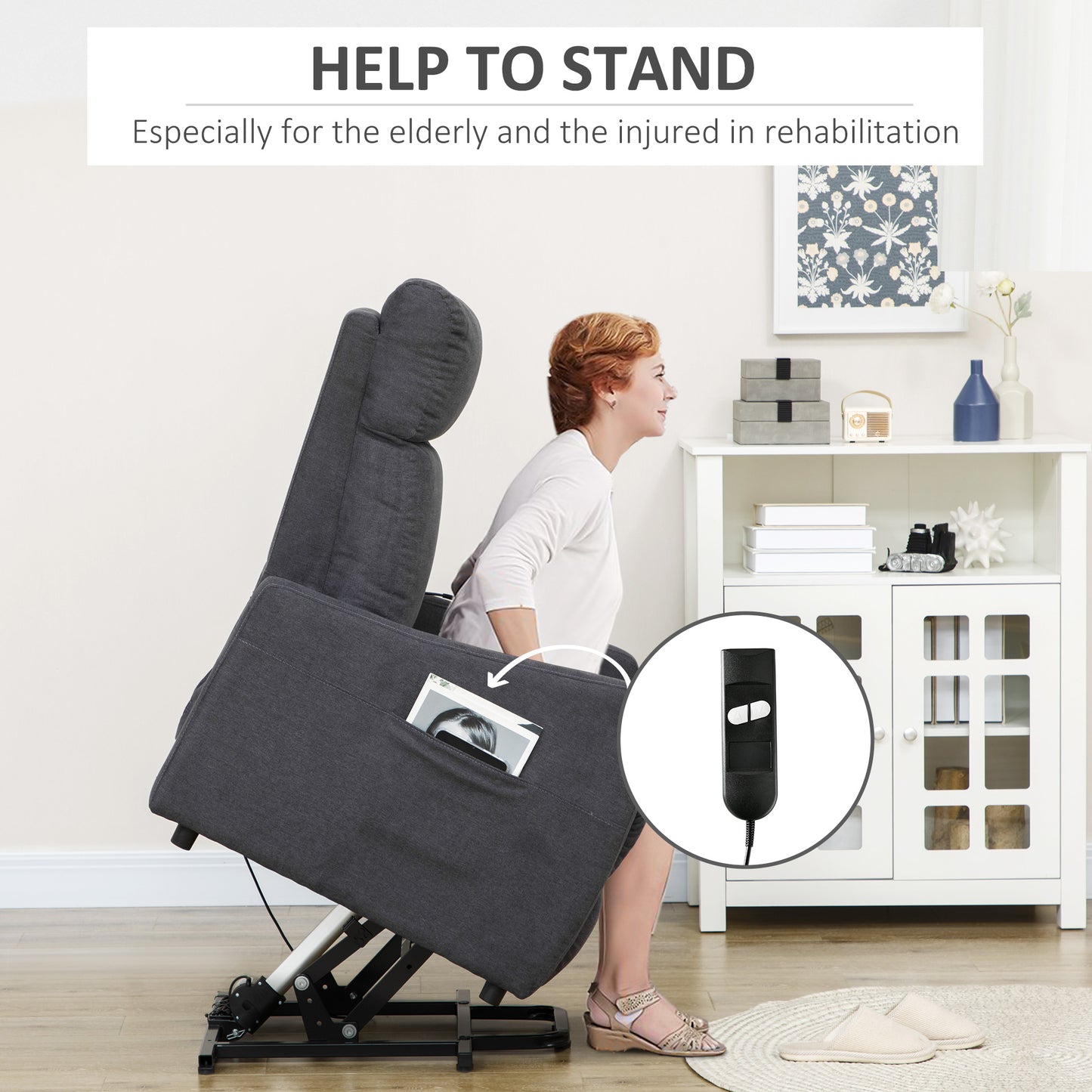 Power Lift Chair, Fabric Electric Recliner Sofa Chair for Elderly with Heavy Duty Motor, Remote Control, Side Pocket, Grey