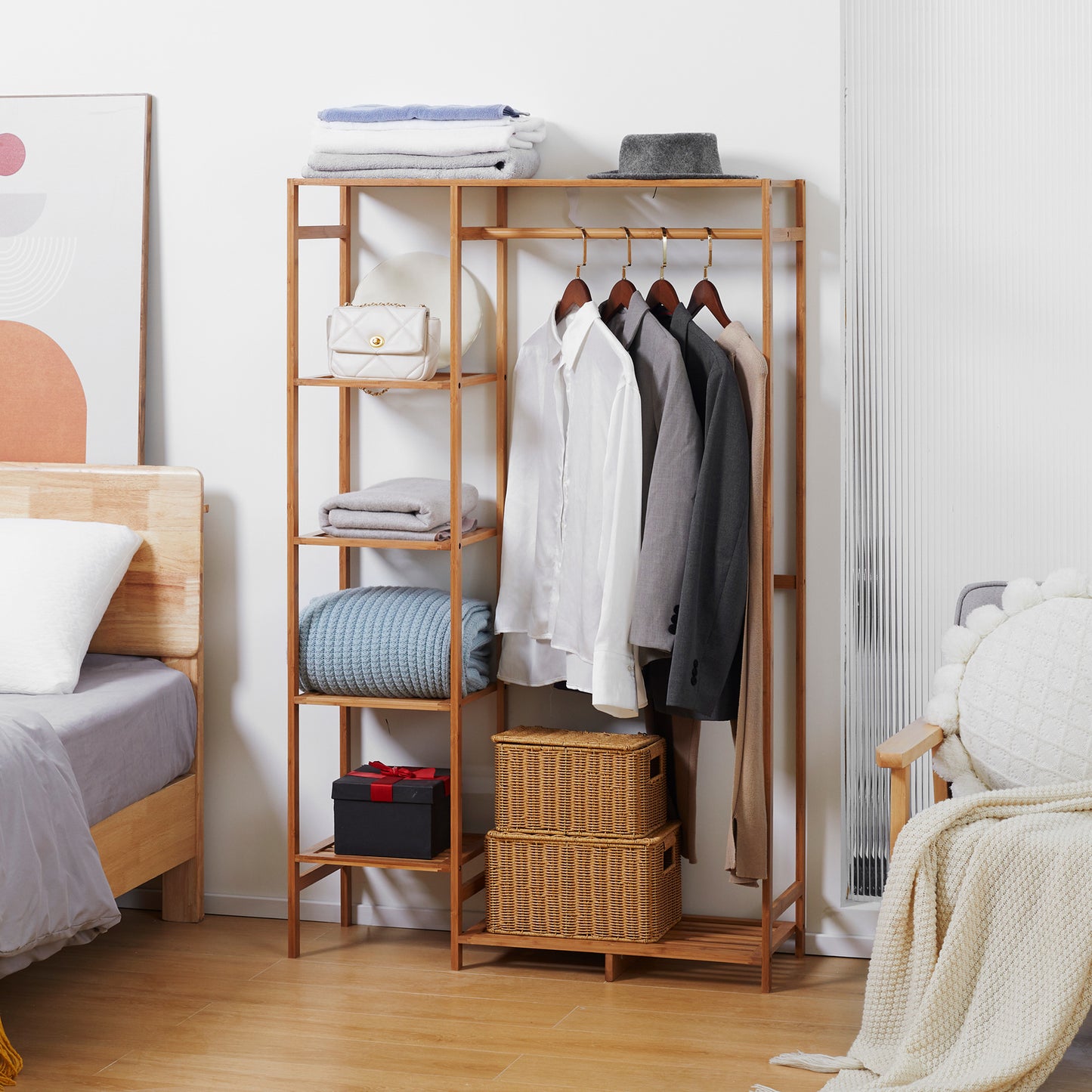 HOMCOM Bamboo Clothes Rail for Bedroom, Garment Rack with 6-Tier Storage Shelf and Hanging Rod, Clothes Rack for Living Room, Entryway, Natural Wood Effect