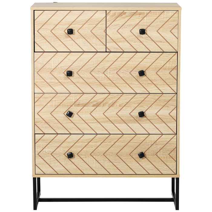 5 Drawer Chest Sideboard Cabinet Storage Unit Bedroom Home Unique Zig Zag Design w/ Black Metal Handles Anti Tip & Top