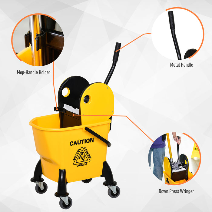 26L Mop Bucket & Water Wringer w/ 4 Wheels Plastic Body Metal Handle Pole Holder Home Commercial Cleaning Floor Cart Yellow