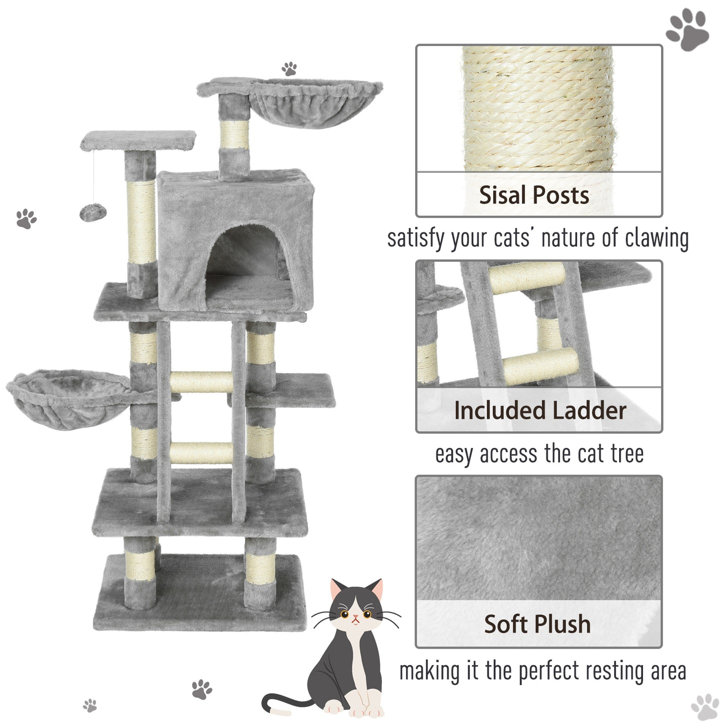 Plush Cat Tree, 125cm Cat Scratching Post for Indoor Large Cats with Hammock and Condo Activity Center Grey