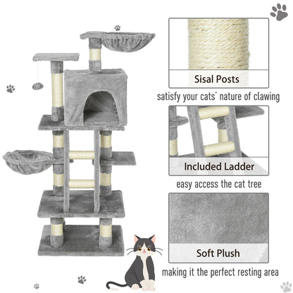 Plush Cat Tree, 125cm Cat Scratching Post for Indoor Large Cats with Hammock and Condo Activity Center Grey