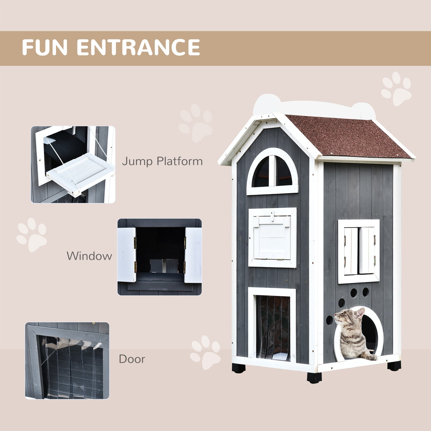 Wooden Cat House, Weatherproof Pet Shelter, Outdoor Cat Condos Cave, 2 Floor Furniture, Grey and White