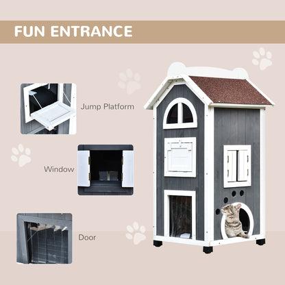 Wooden Cat House, Weatherproof Pet Shelter, Outdoor Cat Condos Cave, 2 Floor Furniture, Grey and White