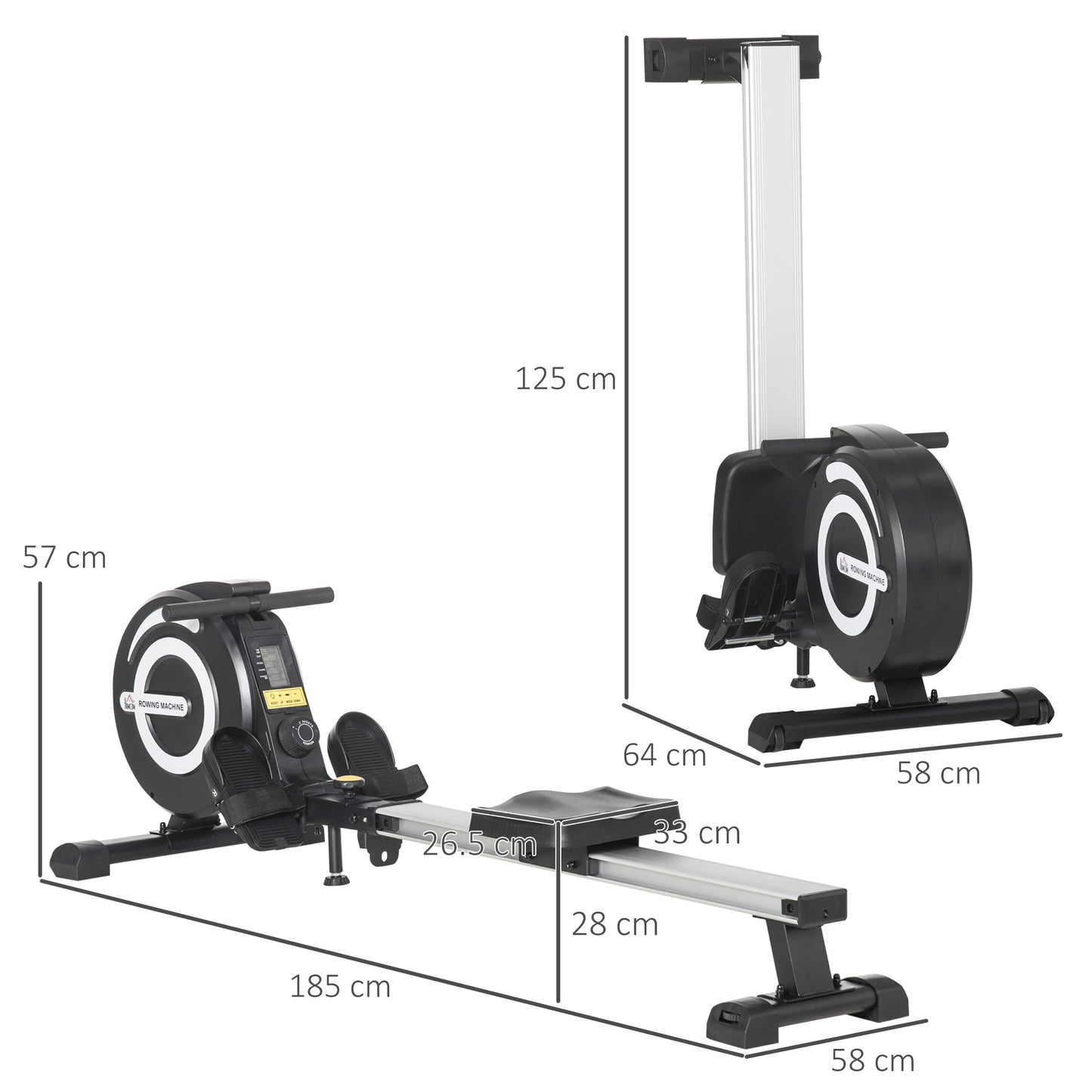 Indoor Body Health & Fitness Adjustable Magnetic Rowing Machine Rower with LCD Digital Monitor & Wheels for Home Gym
