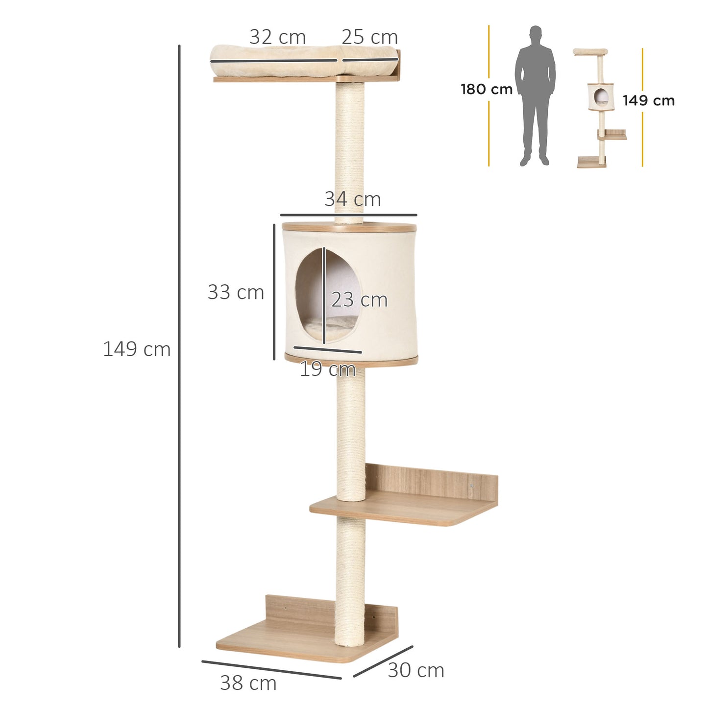 Cat Tree for Indoor Cats Wall-Mounted Cat Shelf Shelter Kitten Perch Climber Furniture w/ Condo Bed Scratching Post – Beige