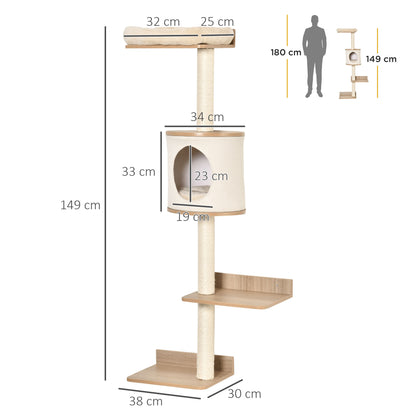 Cat Tree for Indoor Cats Wall-Mounted Cat Shelf Shelter Kitten Perch Climber Furniture w/ Condo Bed Scratching Post – Beige
