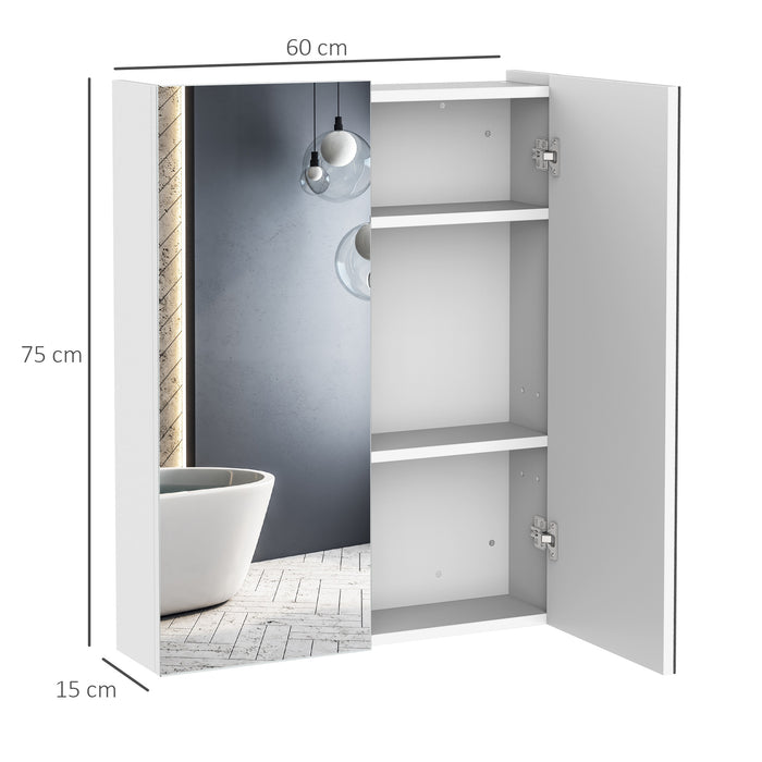 Bathroom Mirror Cabinet Wood Storage Shelf Wall Mount Double Door Cupboard Adjustable 60Wx15Dx75H - White