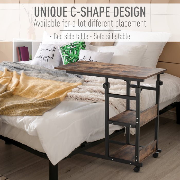 C-Shaped Side Table Industrial Mobile Rolling End Desk with 3-Tier Storage Shelving, Adjustable Height, Wheels