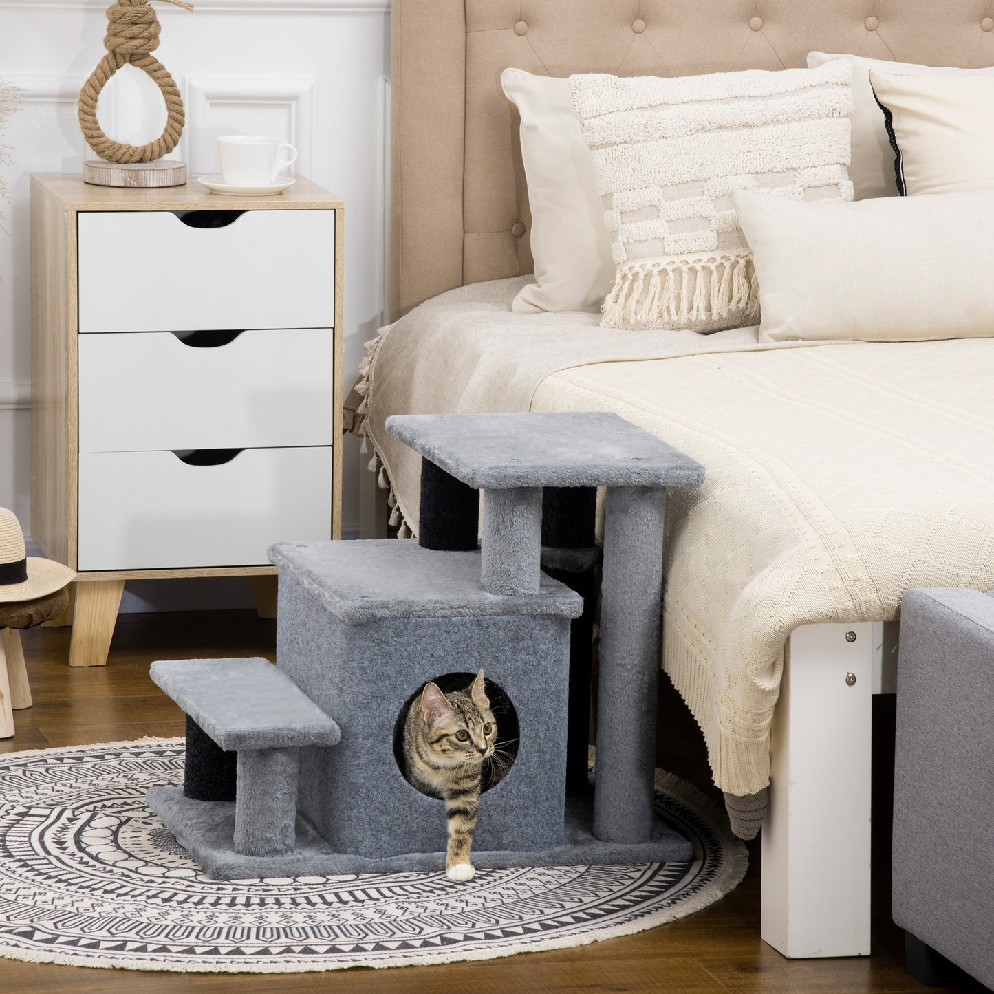 Dog Steps for Bed 4 Step Pet Stairs Cat House with Detachable Cover, Cat ladder for Sofa w/ Hanging Balls - Grey