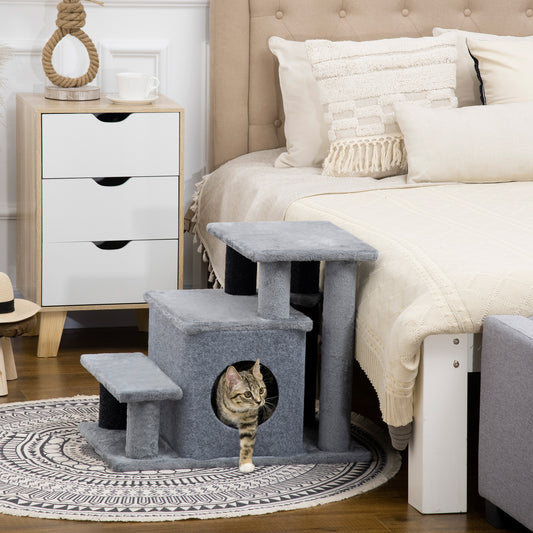 Dog Steps for Bed 4 Step Pet Stairs Cat House with Detachable Cover, Cat ladder for Sofa w/ Hanging Balls - Grey