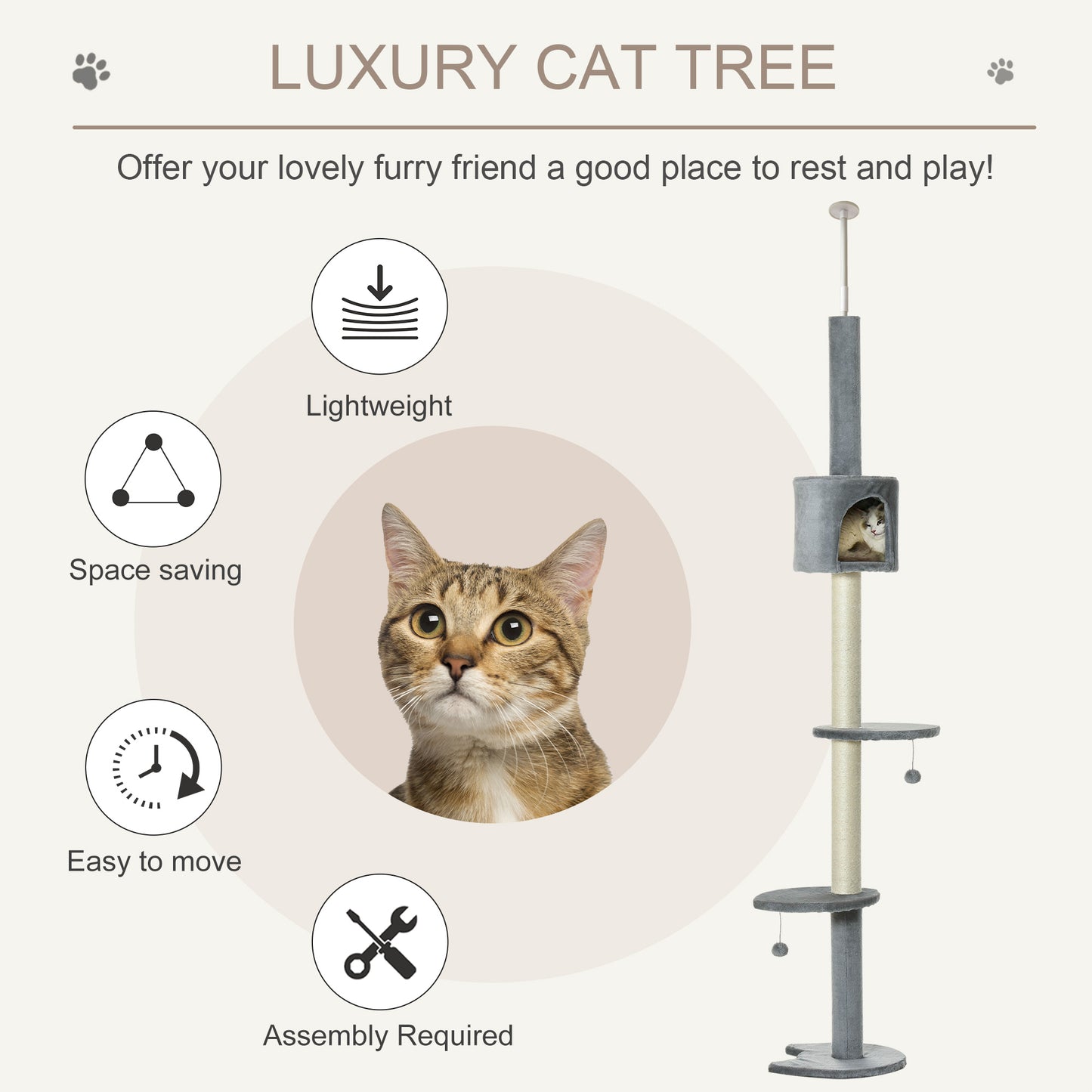 Floor to Ceiling Cat Tree for Indoor Cats, Kitten Tower, Condo, Multi-Layer Activity Center, Indoor Pet Play House with Solid Scratching Post Hanging Balls, Light Grey