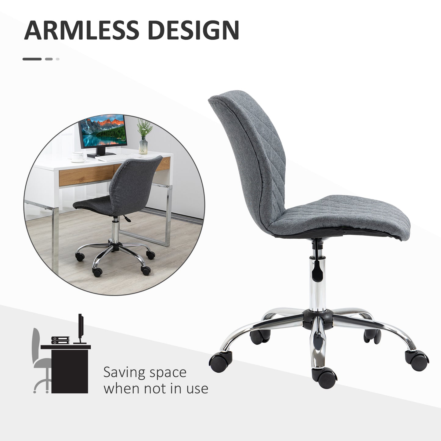 Mid Back Swivel Chair w/360° Swivel Height, thick sponge padded, Adjustable Home Office Linen Fabric Grey