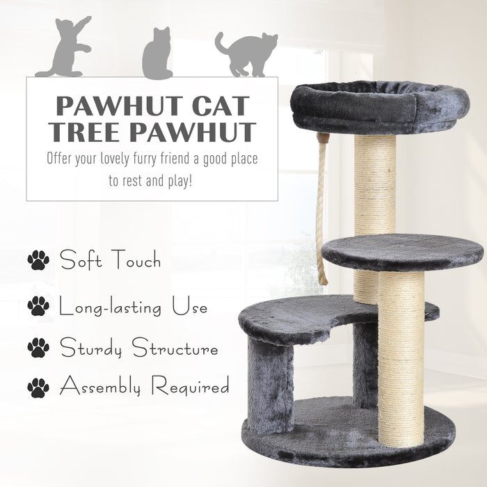 65 cm Cat Tree for Indoor Cats Kitty Scratcher Kitten Activity Center Scratching Post Playhouse 2 Perch w/ Hanging Sisal Rope Grey