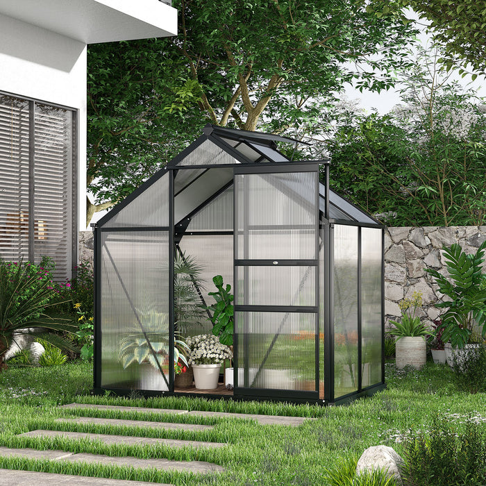 Outsunny 6 x 4ft Polycarbonate Greenhouse, Large Walk-In Green House with Slide Door and Window, Garden Plants Grow House with Aluminium Frame and Foundation, Grey