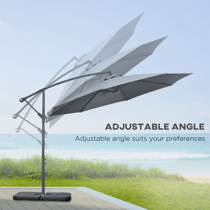 Garden Banana Parasol Cantilever Umbrella with Crank Handle, Cross Base, Weights and Cover for Outdoor, Hanging Sun Shade, Grey