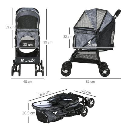 Pet Stroller Dog Pram Pushchair Cat Travel Carriage W/ Universal Wheels, Brake, Canopy, Storage Bag - Grey