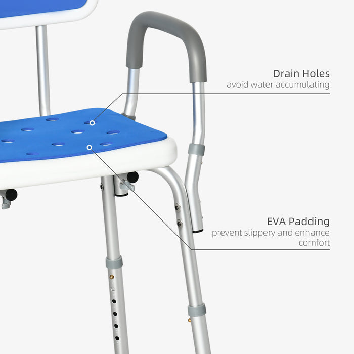 Shower Stools Shower Seat for Elderly and Disabled, EVA Padded, Height Adjustable with Back and Arms, 4 Suction Foot Pads, Blue