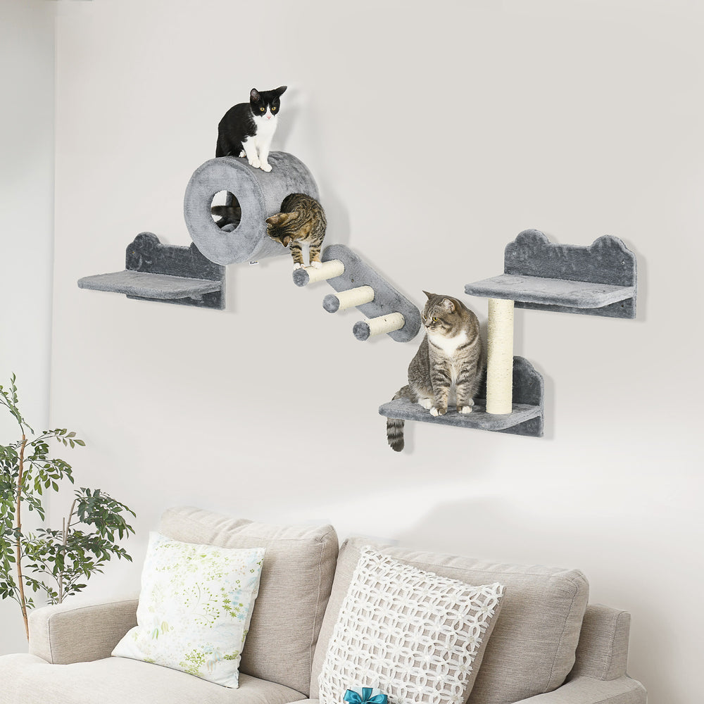 4PCs Wall Mounted Cat Tree Cat Wall Furniture with Platforms, Steps, Scratching Post, Perch, Cat Condo for Indoor Cat - Grey