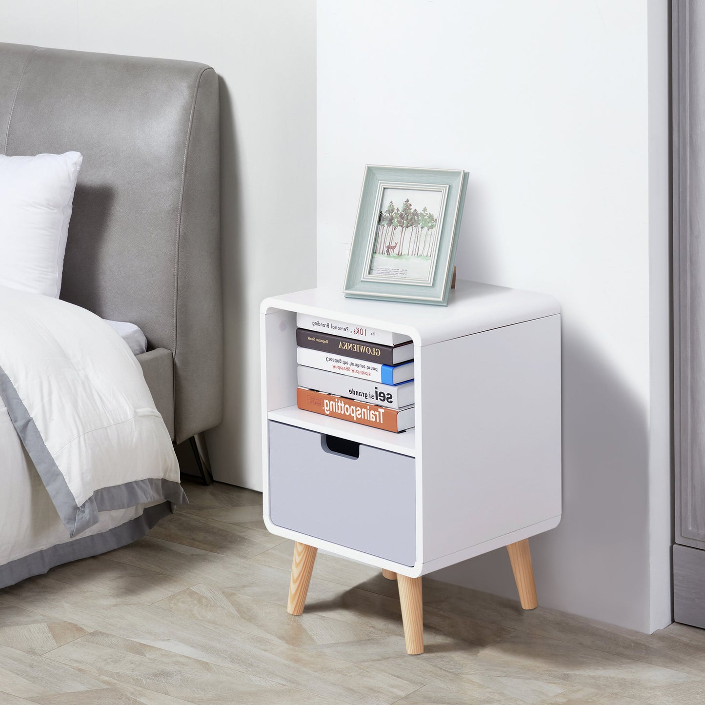 Scandinavian Style Bedside Table, 40Lx38Wx58H cm-White/Grey/Natural Wood Colour