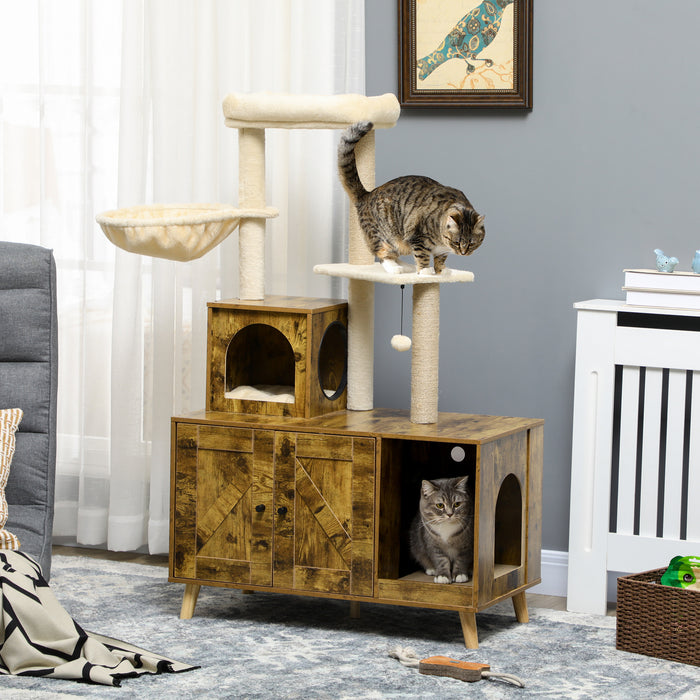 Litter Box Enclosure with Cat Tree Tower, Hidden Cat Washroom Furniture with Cat House, Scratching Posts, Large Platform, Hammock, Soft Cushion - Rustic Brown