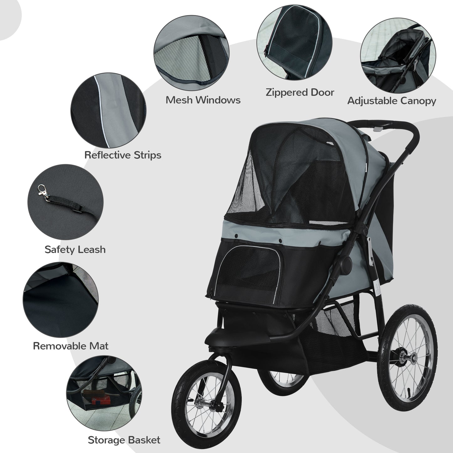 Pet Stroller Jogger for Medium, Small Dogs, Foldable Cat Pram Dog Pushchair w/ Adjustable Canopy, 3 Big Wheels - Grey