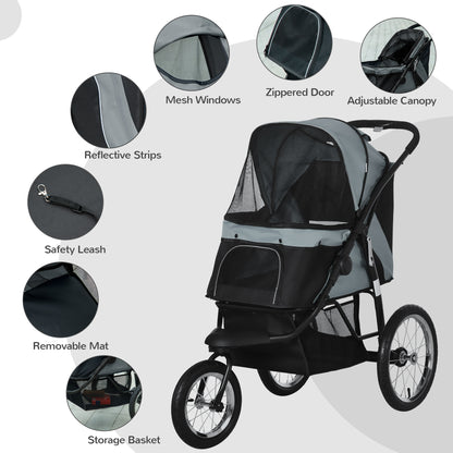 Pet Stroller Jogger for Medium, Small Dogs, Foldable Cat Pram Dog Pushchair w/ Adjustable Canopy, 3 Big Wheels - Grey