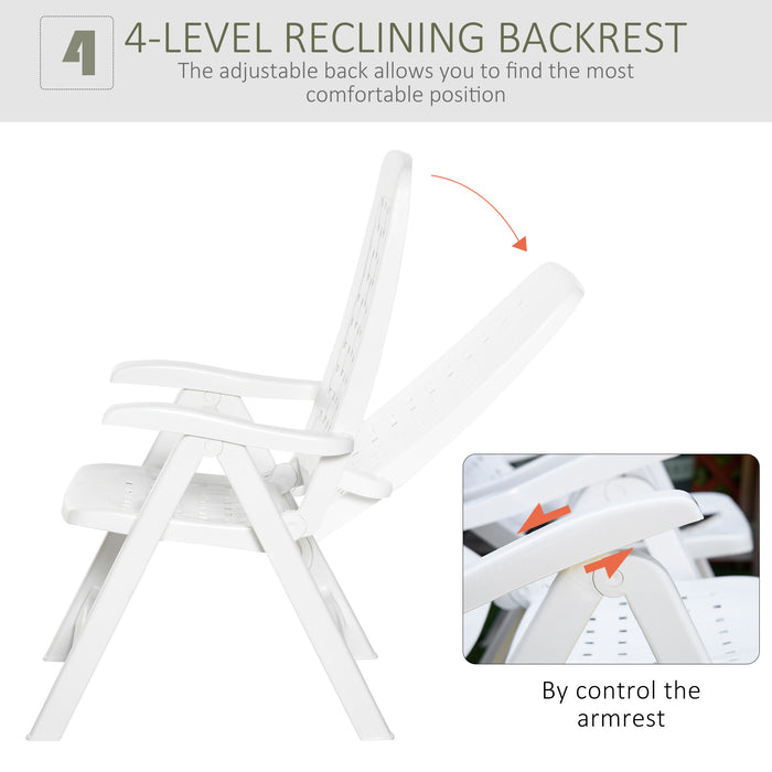 Set of 2 Folding Plastic Dining Chairs with 4-Position Backrest, Reclining Armchairs for Indoor & Outdoor Events, Camping, White