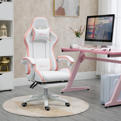 Vinsetto Racing Gaming Chair, Reclining PU Leather Computer Chair with 360 Degree Swivel Seat, Footrest, Removable Headrest and Lumber Support, White and Pink