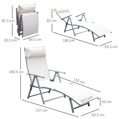 Garden Lounger Steel Frame Outdoor Folding Chaise Lounger with Headrest & 7 Levels Adjustable Backrest, 81.5L x 20.5W x 64.5H, Cream White