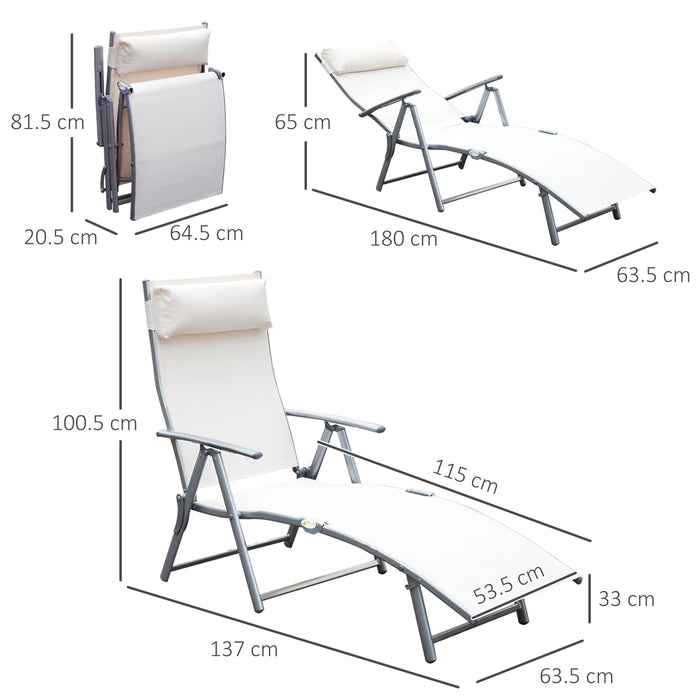 Garden Lounger Steel Frame Outdoor Folding Chaise Recliner with Headrest & 7 Levels Adjustable Backrest, 81.5L x 20.5W x 64.5H, Cream White