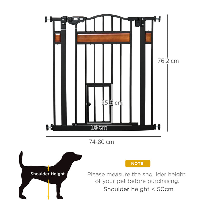 Dog Gate with Cat Flap Pet Safety Gate, Auto Close Double Locking Pine Wood Decoration, for Doorways Stairs Indoor, 74-80 cm Wide, Black