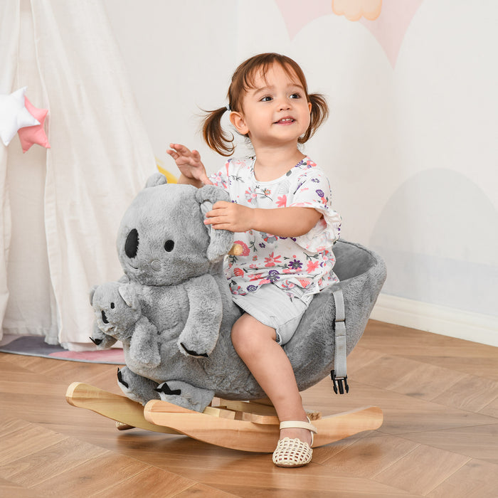 Kids Plush Ride-On Rocking Horse Koala-shaped Plush Toy Rocker with Gloved Doll Realistic Sounds for Child 18-36 Months Grey