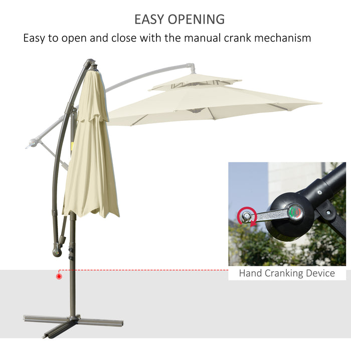 2.7m Garden Banana Parasol Cantilever Umbrella with Crank Handle, Double Tier Canopy and Cross Base for Outdoor, Hanging Sun Shade, Beige