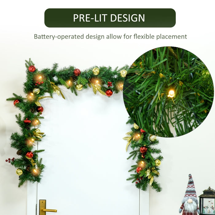 9ft Non-Lit Garland for Christmas Decorations Green Holiday Decor Artificial Greenery with Pine Cones, Colorful Balls, Leaves