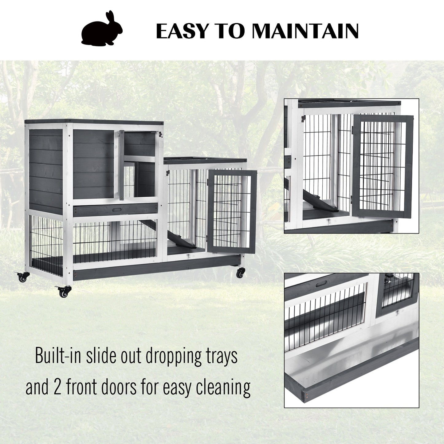 Wooden Indoor Rabbit Hutch Guinea Pig House Bunny Small Animal Cage W/ Wheels Enclosed Run 110 x 50 x 86 cm, Grey